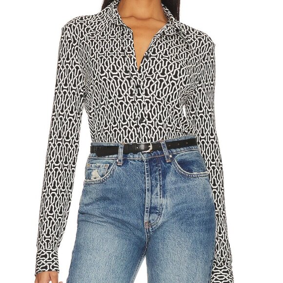 Nili Lotan Black Ivory Art Deco Celestine Long Sleeve Blouse Shirt - Picture 1 of 7